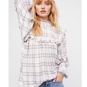 White Plaid High Neck Free People Blouse